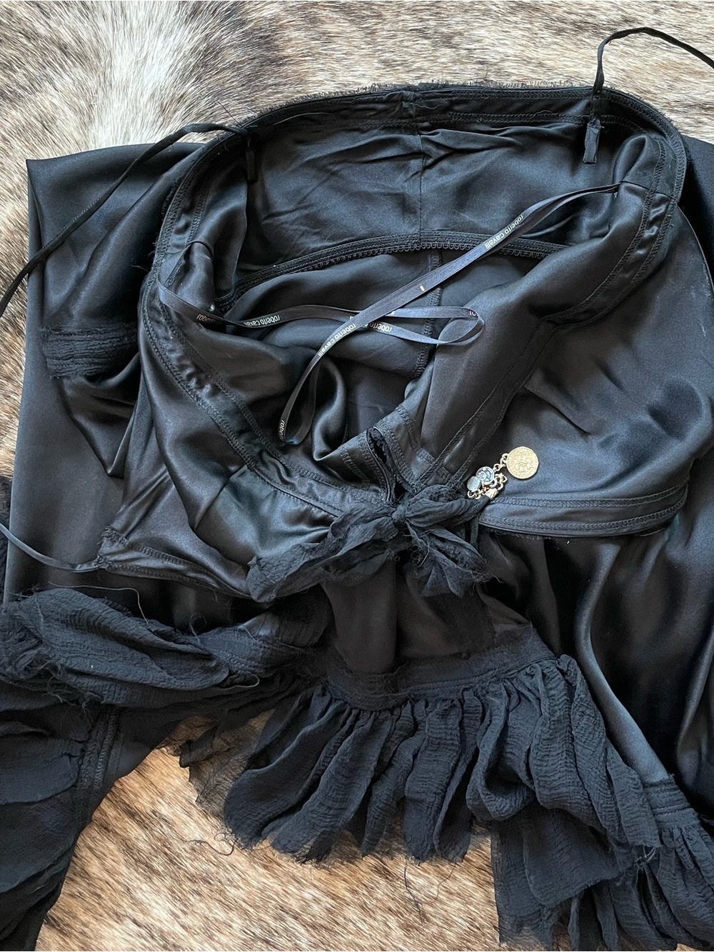 ROBERTO CAVALLI S/S 2004 Vintage Corset Black Silk Ruffle Midi Slip Dress S - Picture 9 of 11